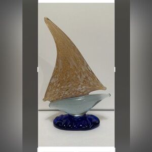 Murano Art Glass Sailboat Figurine Blue Base Gold Flecks Nautical‎ Decor Sticker